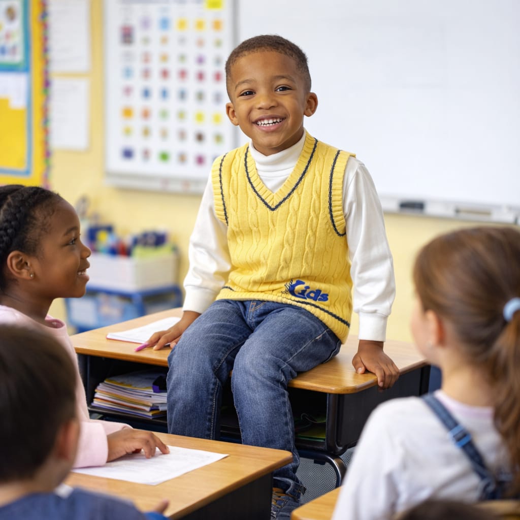 A smiling boy sitting on a desk in a classroom with classmates.