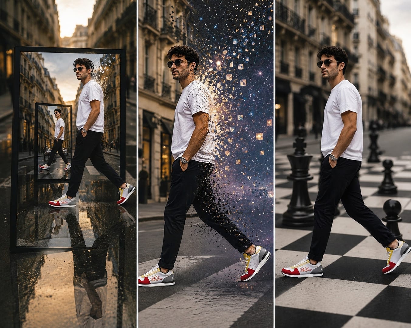 A man is walking wearing designer sneaker.