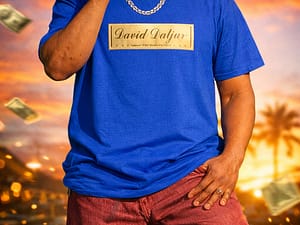 Man posing with money in sunset-lit urban setting.