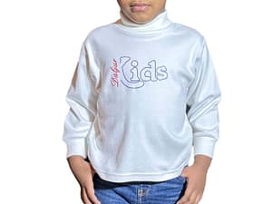 Young boy wearing a white hoodie and jeans.