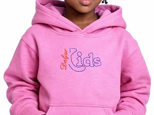 Child wearing a pink hoodie with 'Kids' text.