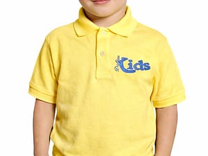 Young boy wearing a yellow polo shirt with a 'Kids' logo.