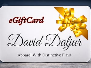 Gift card for David Dalju's apparel with a golden bow design.