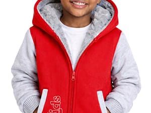 Smiling child wearing a red hooded vest over a gray sweatshirt.