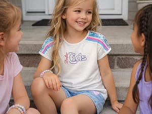 Child girl child model wearing a white short-sleeve t shirt with a graphic design.