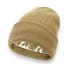 A tan beanie with a silver lining on top of it.