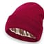A red beanie with a white lining on top of it.