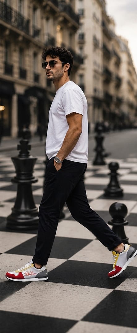 A man is walking wearing designer sneaker.