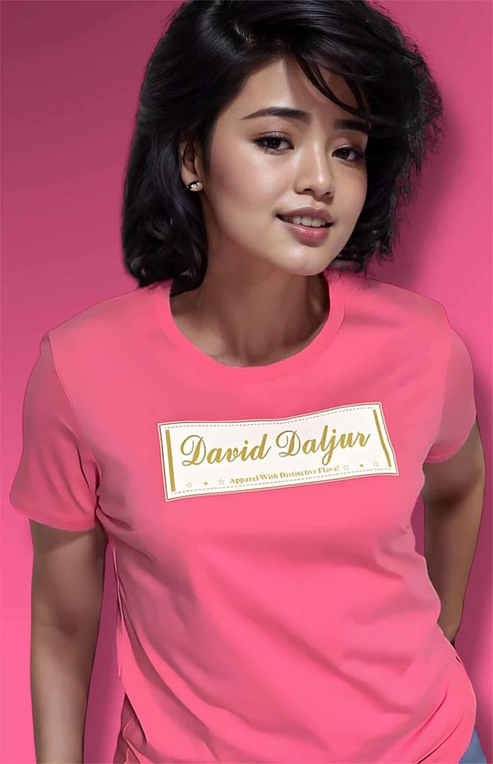 Model is wearing a label T-shirt