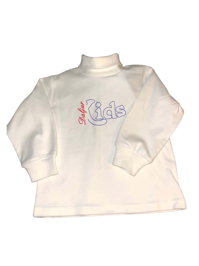White toddler's long-sleeve turtleneck with colorful 'kids' embroidery.